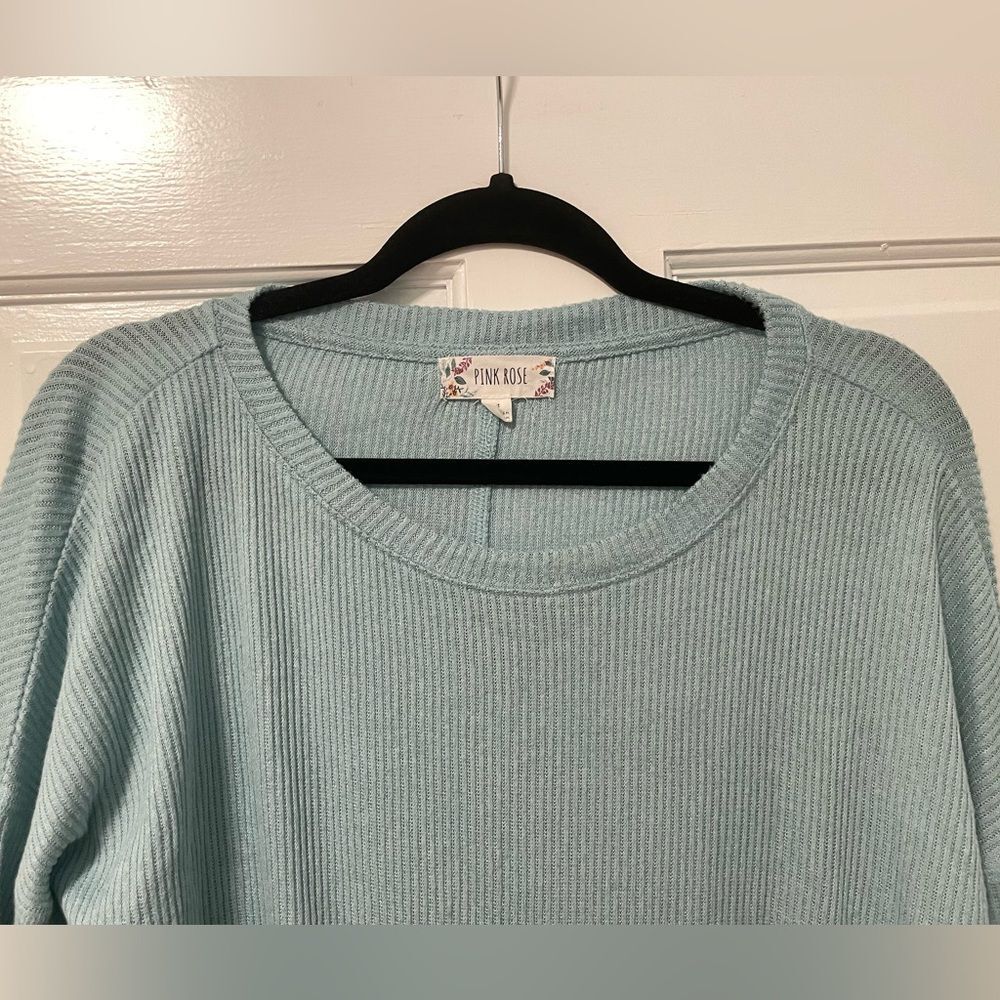 Pink Rose Drawstring-Hem Knit Top Sweater Light Teal Blue Size Medium - Picture 2 of 7